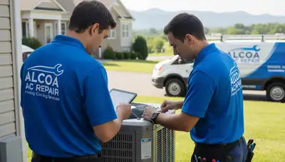 Professional AC repair technician servicing air conditioner unit in Knoxville, TN