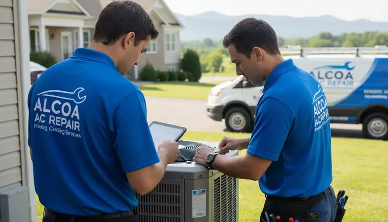 Professional AC repair technician servicing air conditioner unit in Knoxville, TN