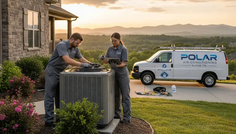 Professional AC repair technician servicing air conditioner in Knoxville TN home