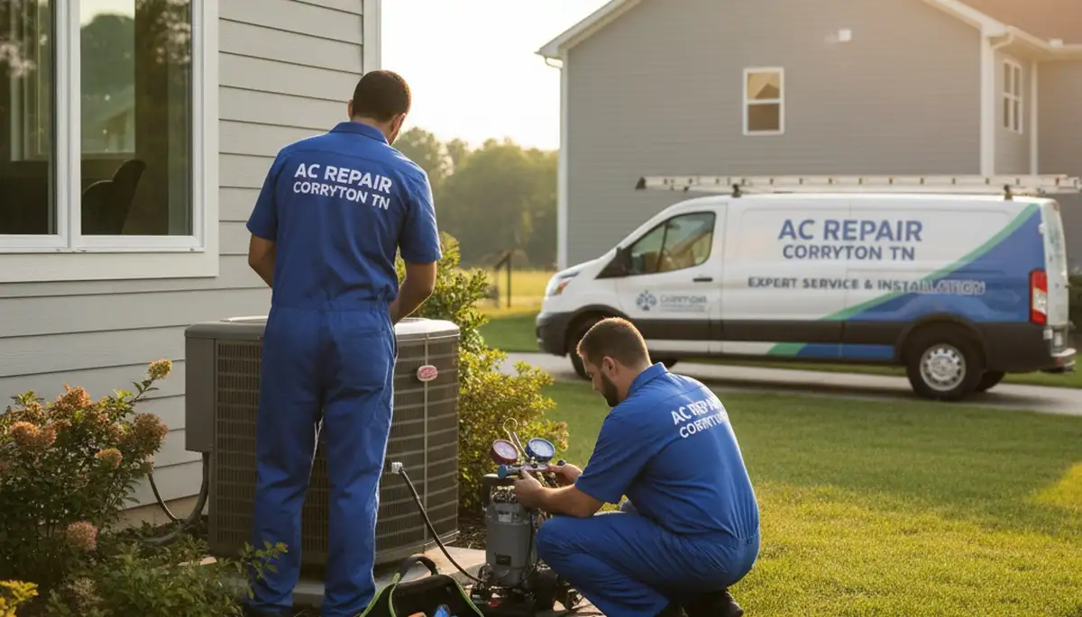 HVAC technician performing AC repair service at a home in Knoxville, TN