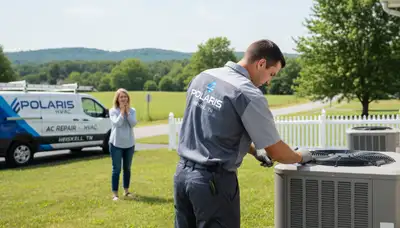 Professional AC repair technician servicing air conditioner unit in Knoxville TN home