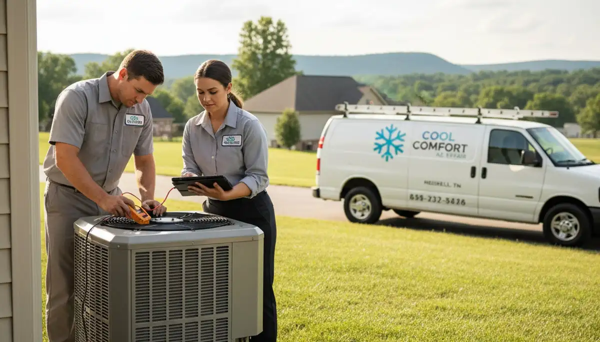 Professional AC repair technician servicing air conditioner unit in Knoxville, TN