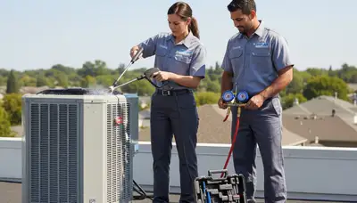 Technician repairing residential air conditioner unit in Knoxville, TN for Five Star Cooling service
