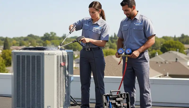 Technician repairing residential air conditioner unit in Knoxville, TN for Five Star Cooling service