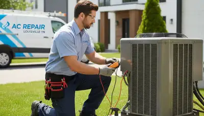 Professional AC repair technician servicing residential unit in Knoxville, TN