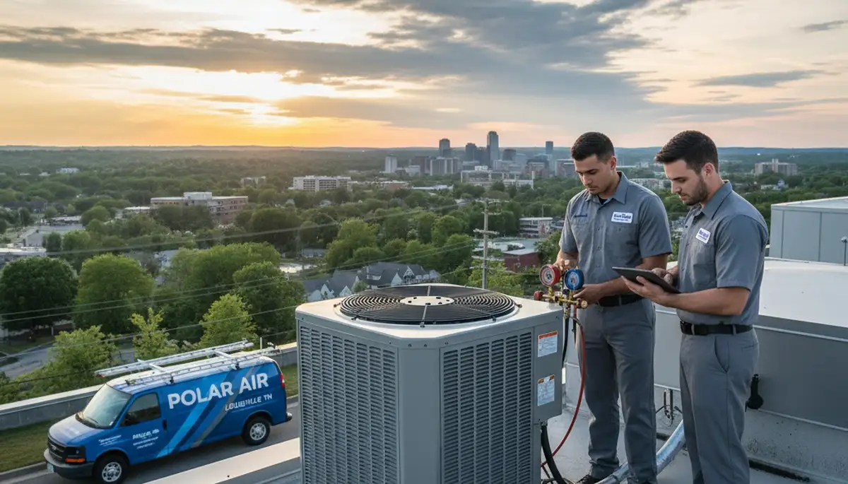 Professional AC repair technician servicing air conditioner unit in Knoxville TN home