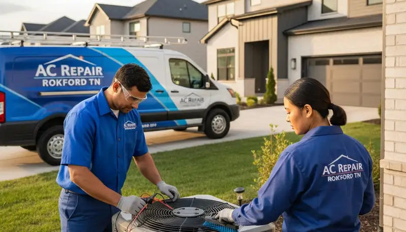 Professional AC repair technician servicing air conditioner in Knoxville, TN home