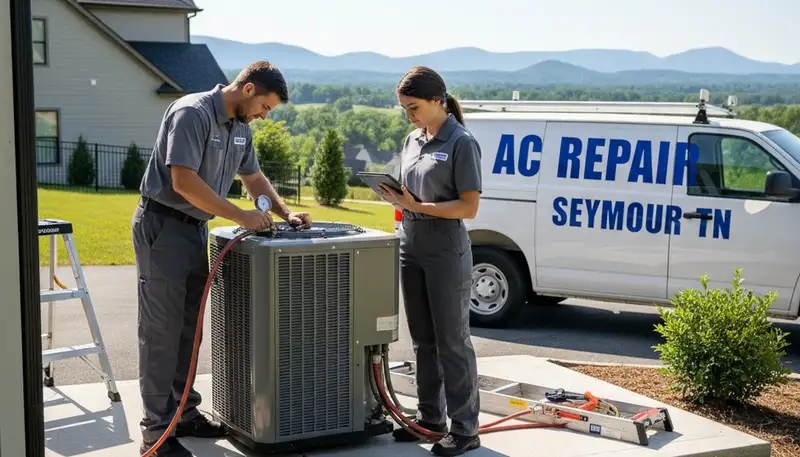 Professional AC repair technician servicing air conditioner in Knoxville, TN home