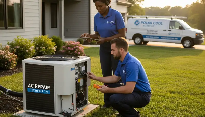 Professional AC repair technician servicing air conditioner unit in Knoxville, TN home