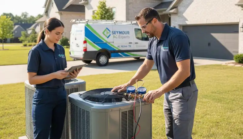 Professional AC repair technician servicing air conditioner unit in Knoxville TN home