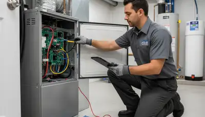 Technician performing furnace repair service in Knoxville, TN for Five Star Cooling