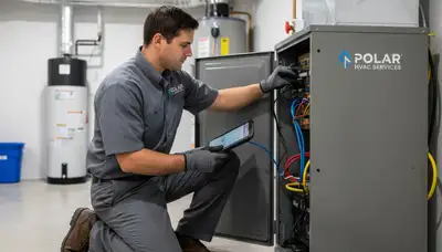 Technician performing furnace repair in Knoxville, TN home for Five Star Cooling heating service
