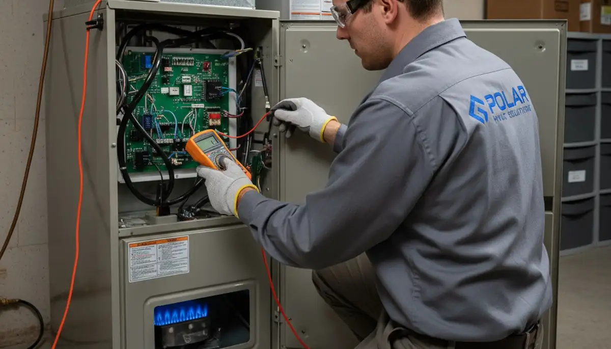 Technician performing furnace repair service in Knoxville, TN home for Five Star Cooling