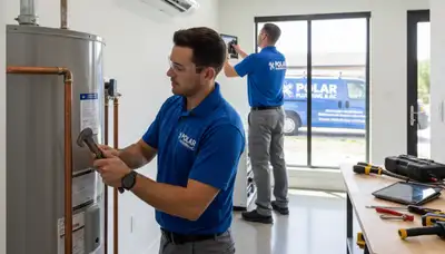 Licensed plumber repairing water heater in Knoxville, TN home – Five Star Cooling plumbing services