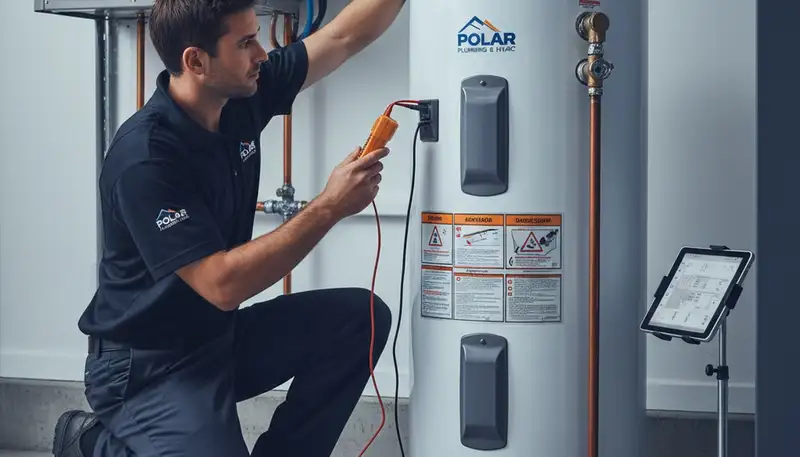 Technician repairing residential water heater in Knoxville, TN for Five Star Cooling service