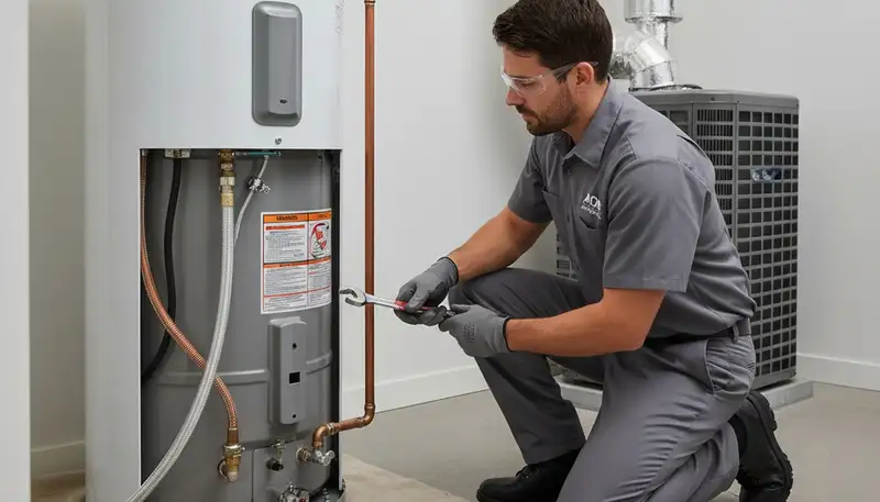 Technician repairing residential water heater in Knoxville, TN for Five Star Cooling service