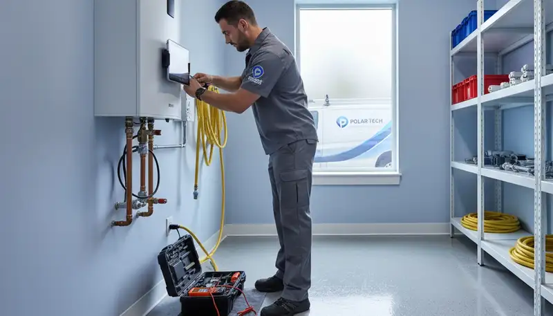 Technician repairing water heater unit in Knoxville, TN home for Five Star Cooling service